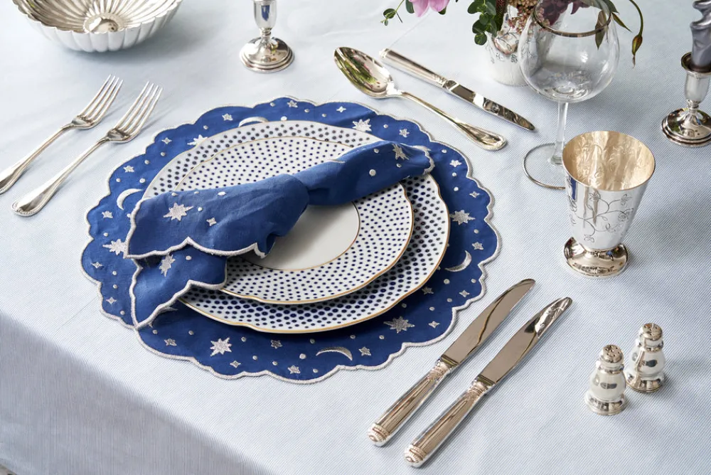 Loulou La Dune Place Settings & Linens|OTM Exclusive: Astral Linen Placemat in Midnight Blue and Silver Embroidery