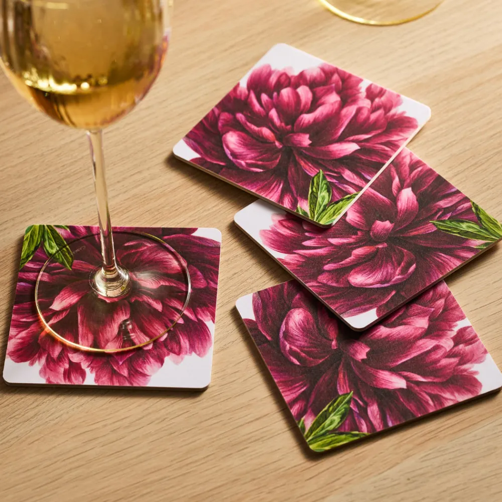 Caskata Place Settings & Linens|Pink Peony Birchwood Coasters, Set of 4