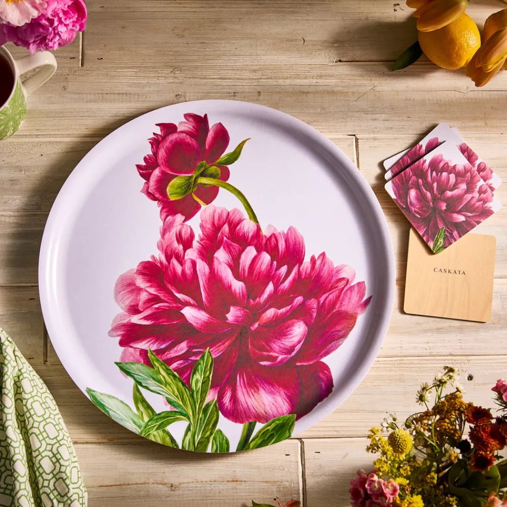 Caskata Place Settings & Linens|Pink Peony Birchwood Coasters, Set of 4