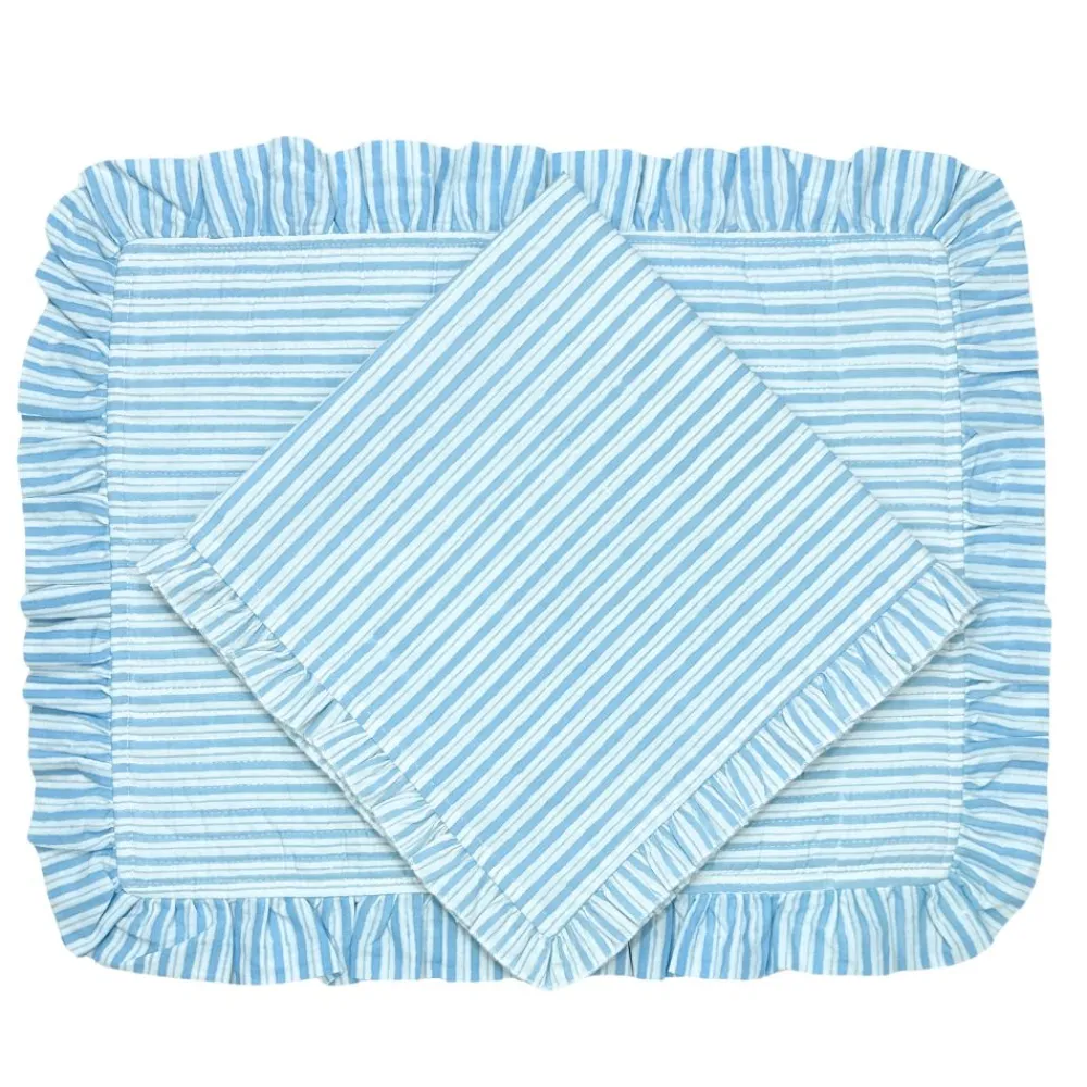 Flying Sheep Country Place Settings & Linens|Quilted Ruffle Placemats in Blue Stripe, Set of 4