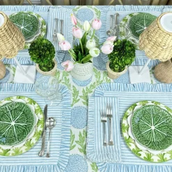 Flying Sheep Country Place Settings & Linens|Quilted Ruffle Placemats in Blue Stripe, Set of 4