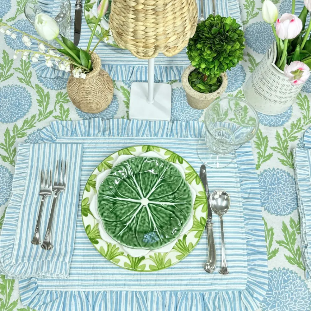Flying Sheep Country Place Settings & Linens|Quilted Ruffle Placemats in Blue Stripe, Set of 4