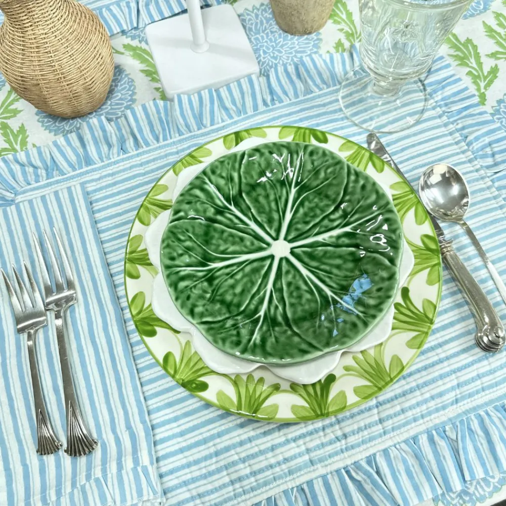 Flying Sheep Country Place Settings & Linens|Quilted Ruffle Placemats in Blue Stripe, Set of 4