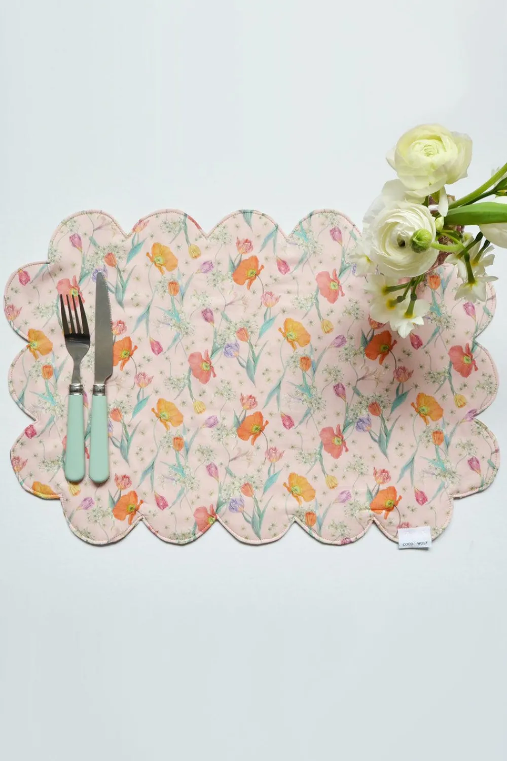Coco & Wolf Place Settings & Linens|Reversible Cloud Scallop Placemat Made With Liberty Fabric in Spring Blooms & Betsy Boo