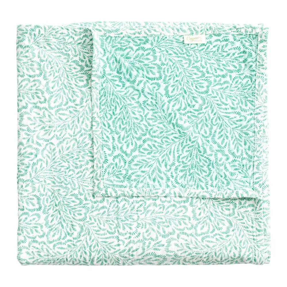 Caspari Place Settings & Linens|Reversible Kantha Table Cover in Green Block Print Leaves