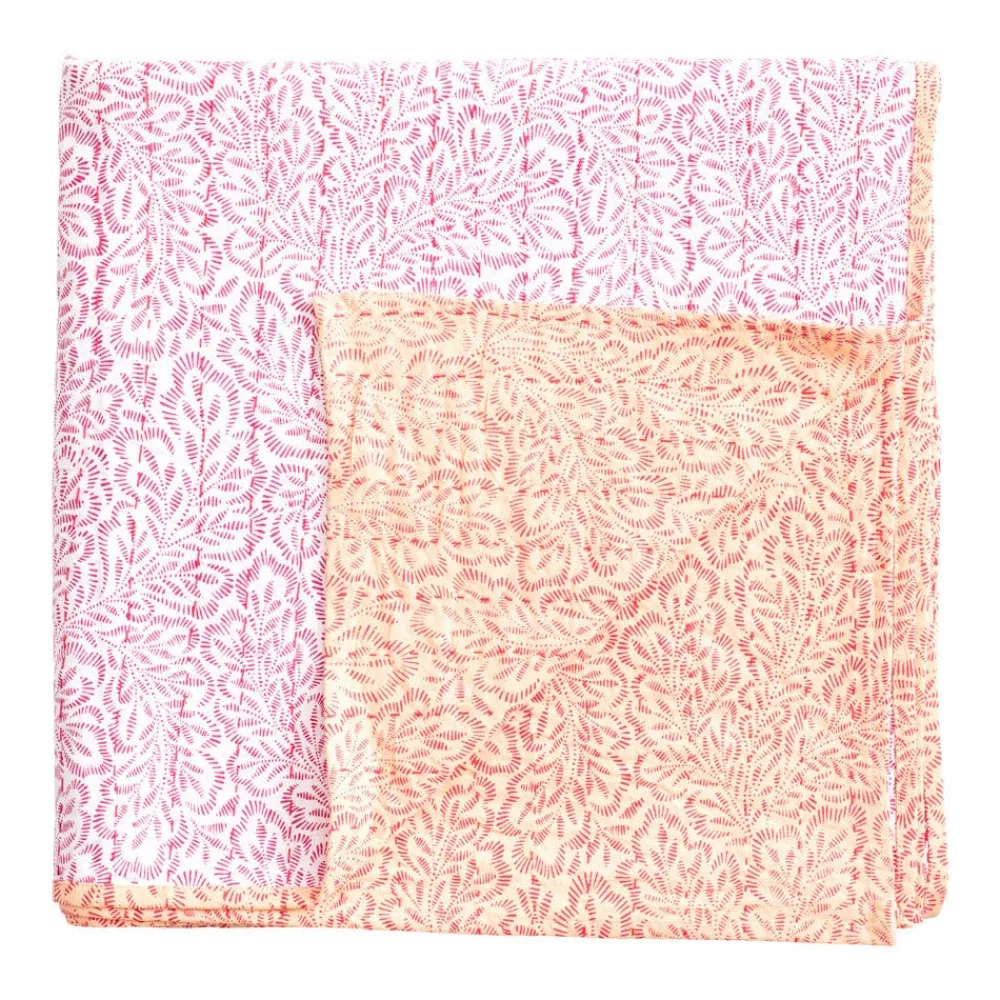 Caspari Place Settings & Linens|Reversible Kantha Table Cover in Fuchsia Block Print Leaves