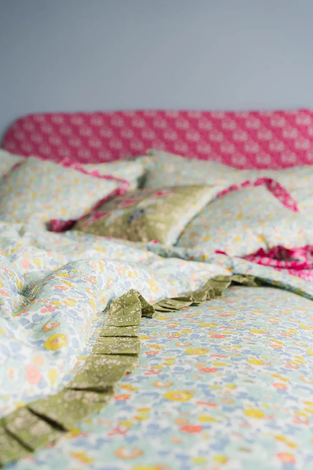 Coco & Wolf Place Settings & Linens|Reversible Ruffle Edge Heirloom Quilt Made With Liberty Fabric in Betsy Sage & Capel Pistachio