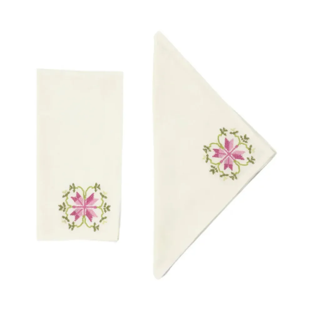 Cabana Place Settings & Linens|Rohida Embroidered Napkins, Pink and Green, Set of 2