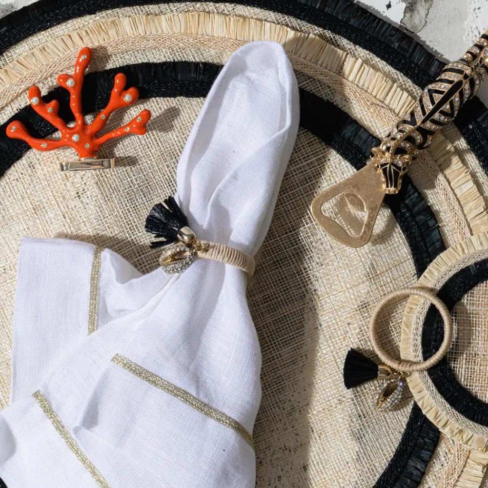 Joanna Buchanan Place Settings & Linens|Ruffle Edge Straw Placemat in Black, Set of Four