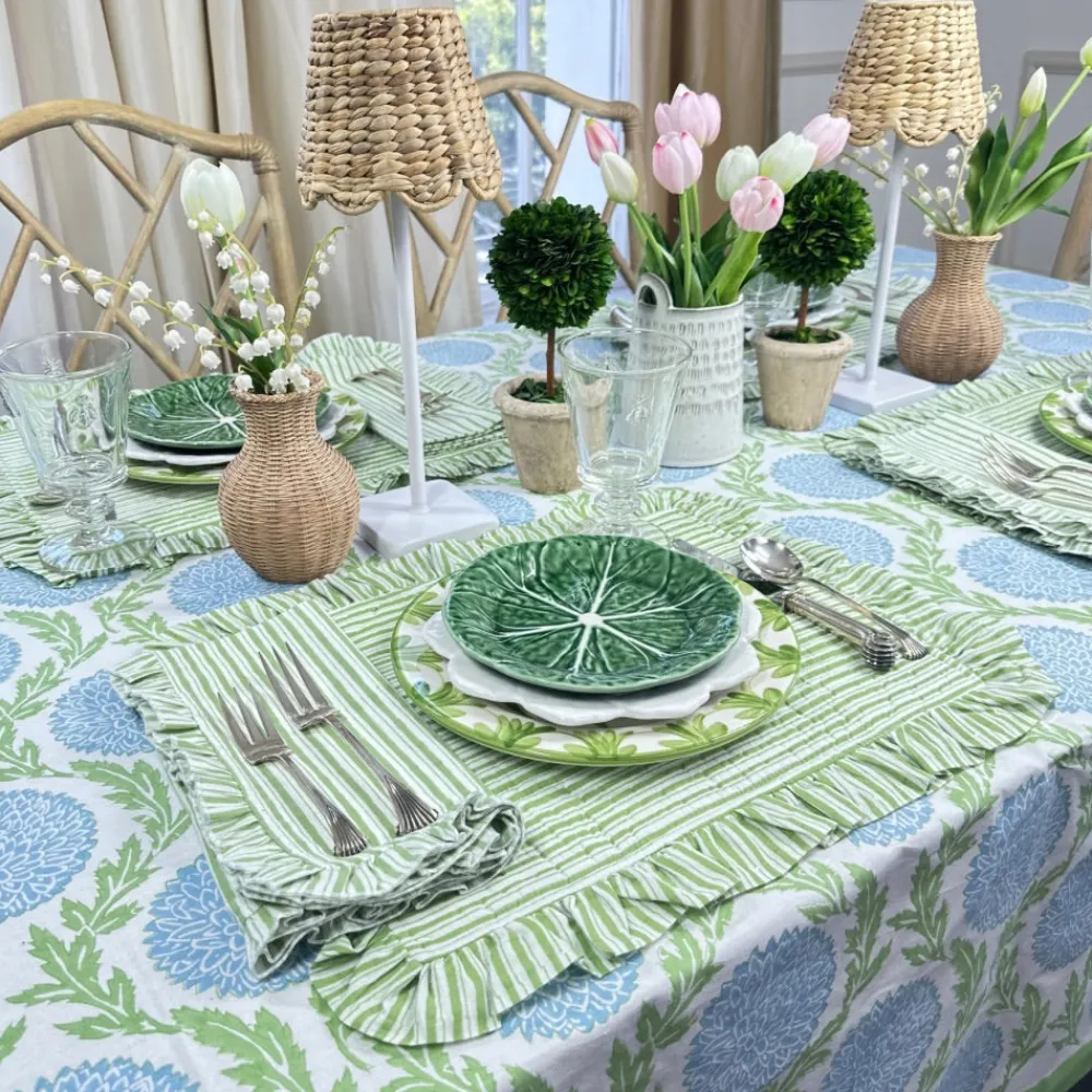 Flying Sheep Country Place Settings & Linens|Ruffle Napkin in Green Stripes, Set of 4