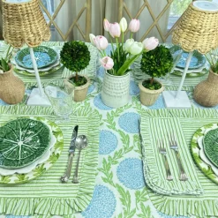 Flying Sheep Country Place Settings & Linens|Ruffle Napkin in Green Stripes, Set of 4