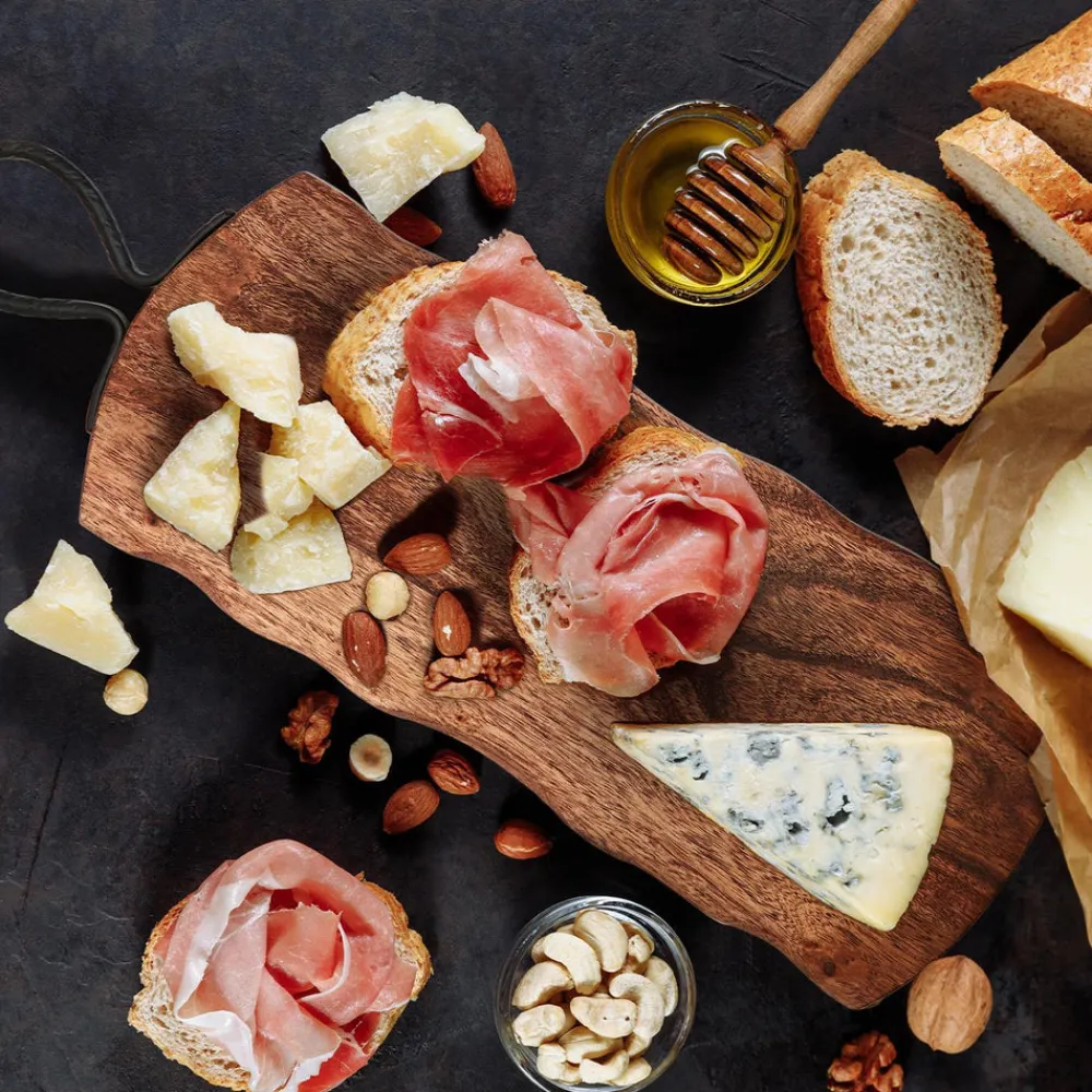 Two's Company Dinnerware|Rustic Edge Serving Boards with Hammered Iron Handle