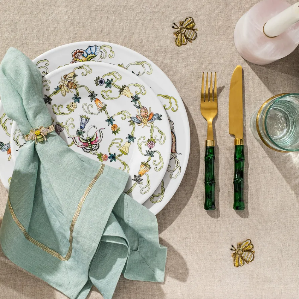 Joanna Buchanan Place Settings & Linens|Skinny Stripey Bee Napkin Rings in Green, Set of Four
