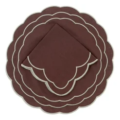 Loulou La Dune Place Settings & Linens|Sofia Linen Brown Napkin with Fern Green Embroidery