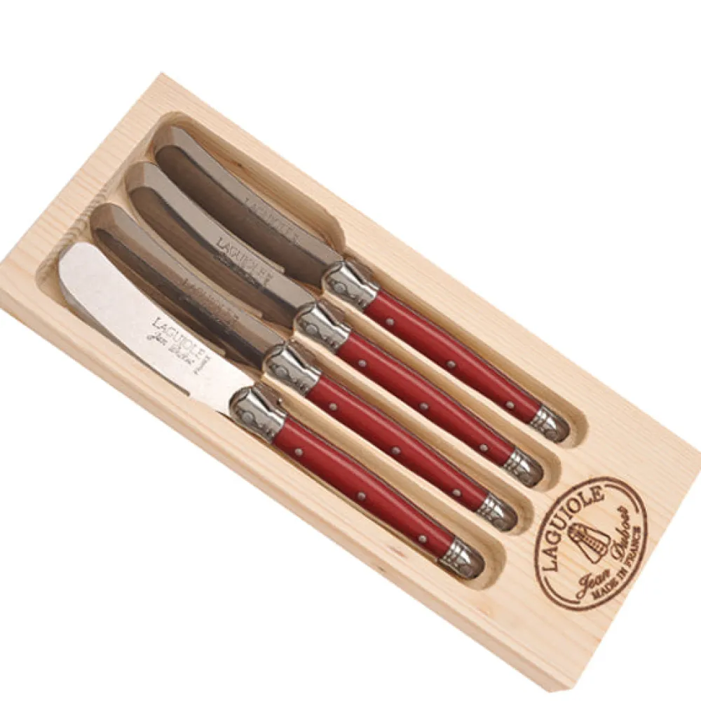 Jean Dubost Laguiole Flatware|Spreaders in Red in a Wooden Box, Set of 4