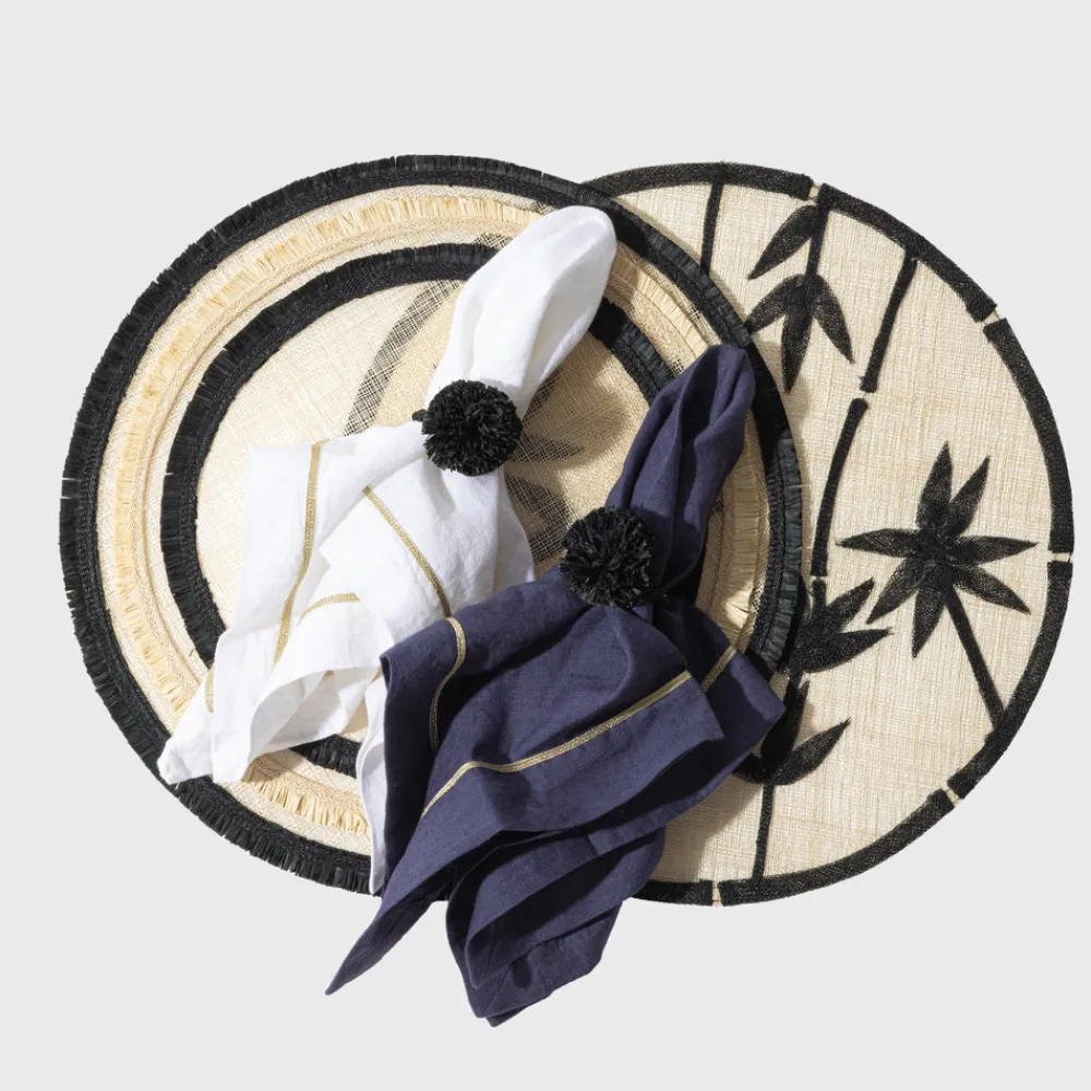 Joanna Buchanan Place Settings & Linens|Straw Pompom Napkin Rings in Black, Set of Four