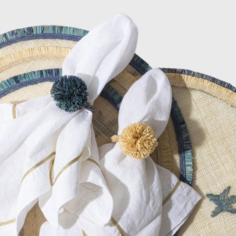 Joanna Buchanan Place Settings & Linens|Straw Pompom Napkin Rings in Indigo, Set of Four