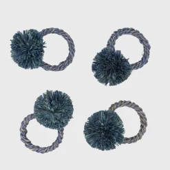 Joanna Buchanan Place Settings & Linens|Straw Pompom Napkin Rings in Indigo, Set of Four