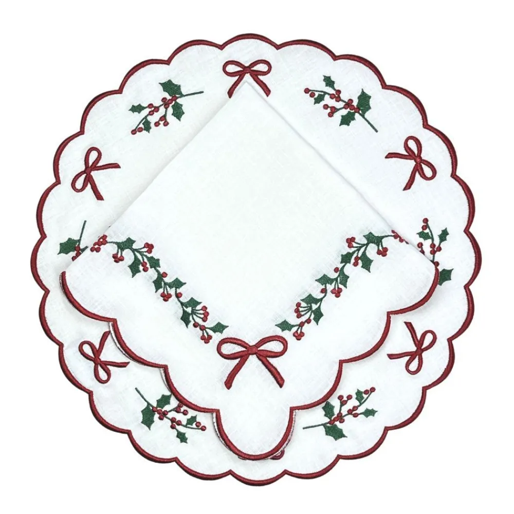 Flying Sheep Country Place Settings & Linens|Studio Collection in Linen: Holly & Bows Placemat, Set of 4