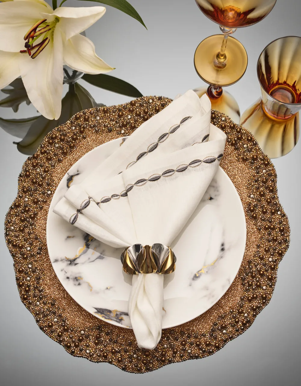 Kim Seybert Place Settings & Linens|Swag Napkin in White, Gunmetal & Silver, Set of 4