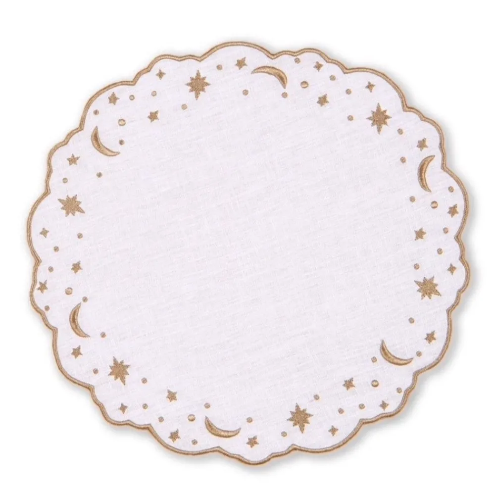 Loulou La Dune Place Settings & Linens|The Astral Linen Placemat in White Linen and Gold Embroidery