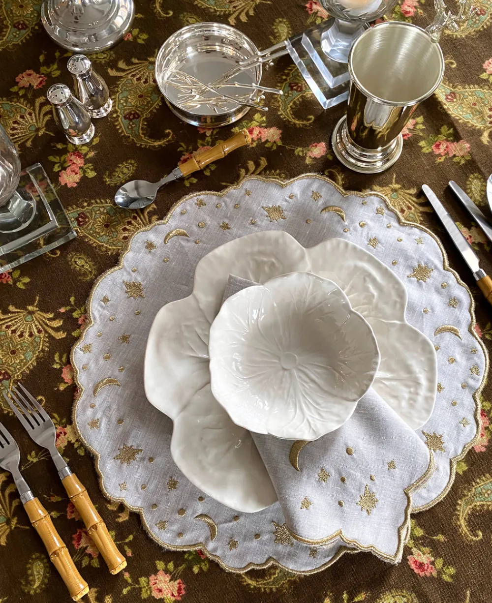 Loulou La Dune Place Settings & Linens|The Astral Linen Placemat in White Linen and Gold Embroidery