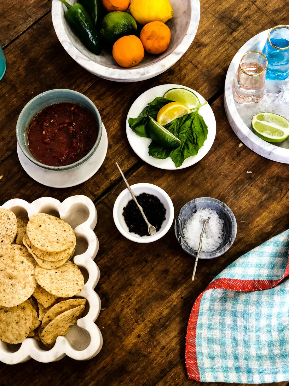 Caravan Place Settings & Linens|Two-Tone Gingham Napkins in Aqua & Orange, Set of 4