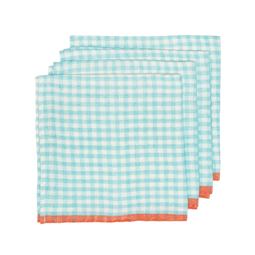 Caravan Place Settings & Linens|Two-Tone Gingham Napkins in Aqua & Orange, Set of 4