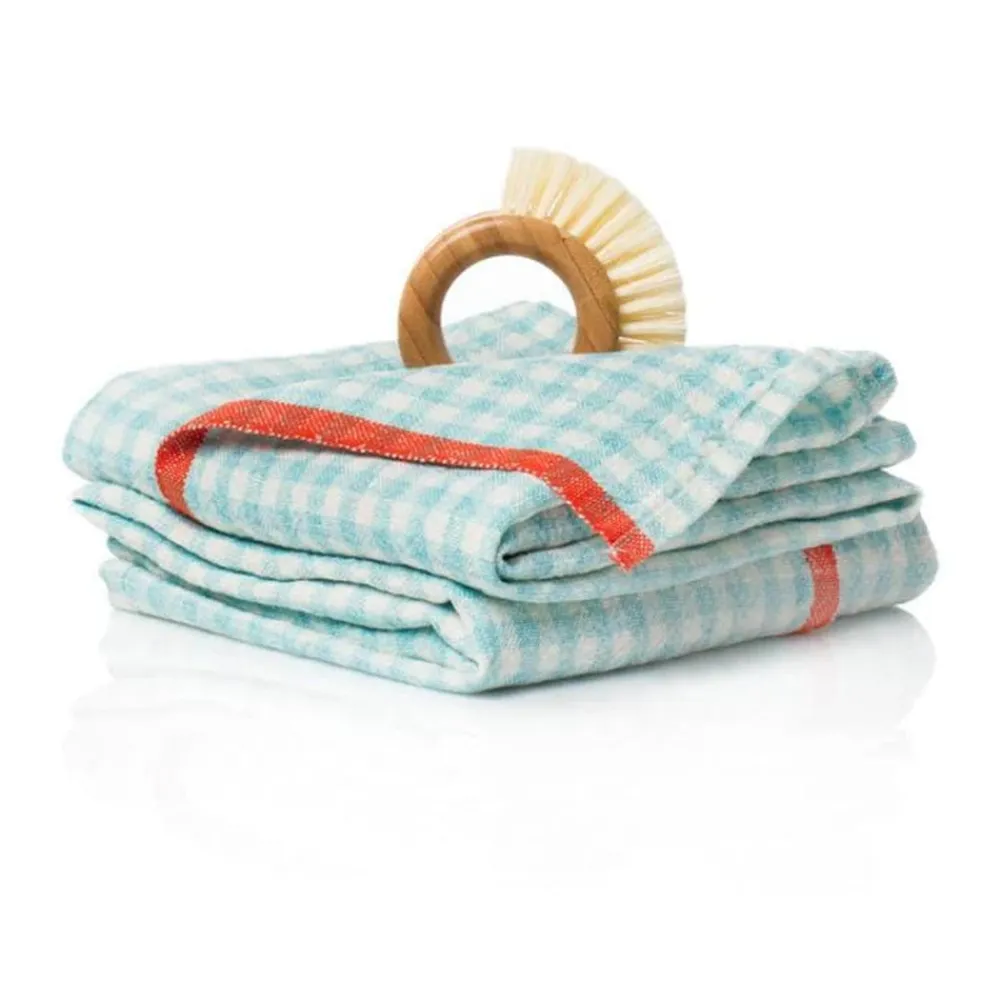 Caravan Place Settings & Linens|Two-Tone Gingham Towels in Aqua & Orange, Set of 2