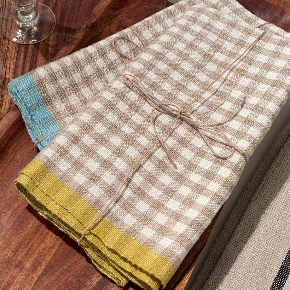 Caravan Place Settings & Linens|Two-Tone Gingham Towels in Natural & Aqua, Set of 2