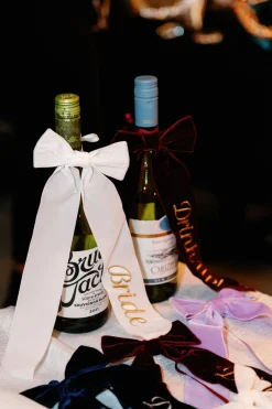 No Reservations Place Settings & Linens|Wine Bow “Bride” in White with Gold