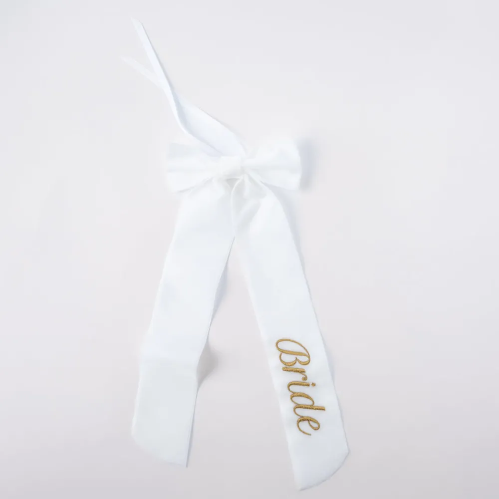 No Reservations Place Settings & Linens|Wine Bow “Bride” in White with Gold