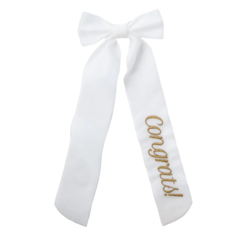 No Reservations Place Settings & Linens|Wine Bow “Congrats” in White with Gold