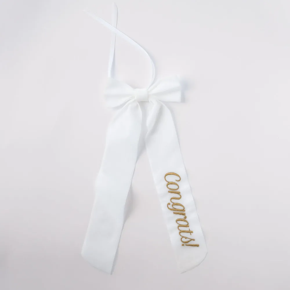 No Reservations Place Settings & Linens|Wine Bow “Congrats” in White with Gold