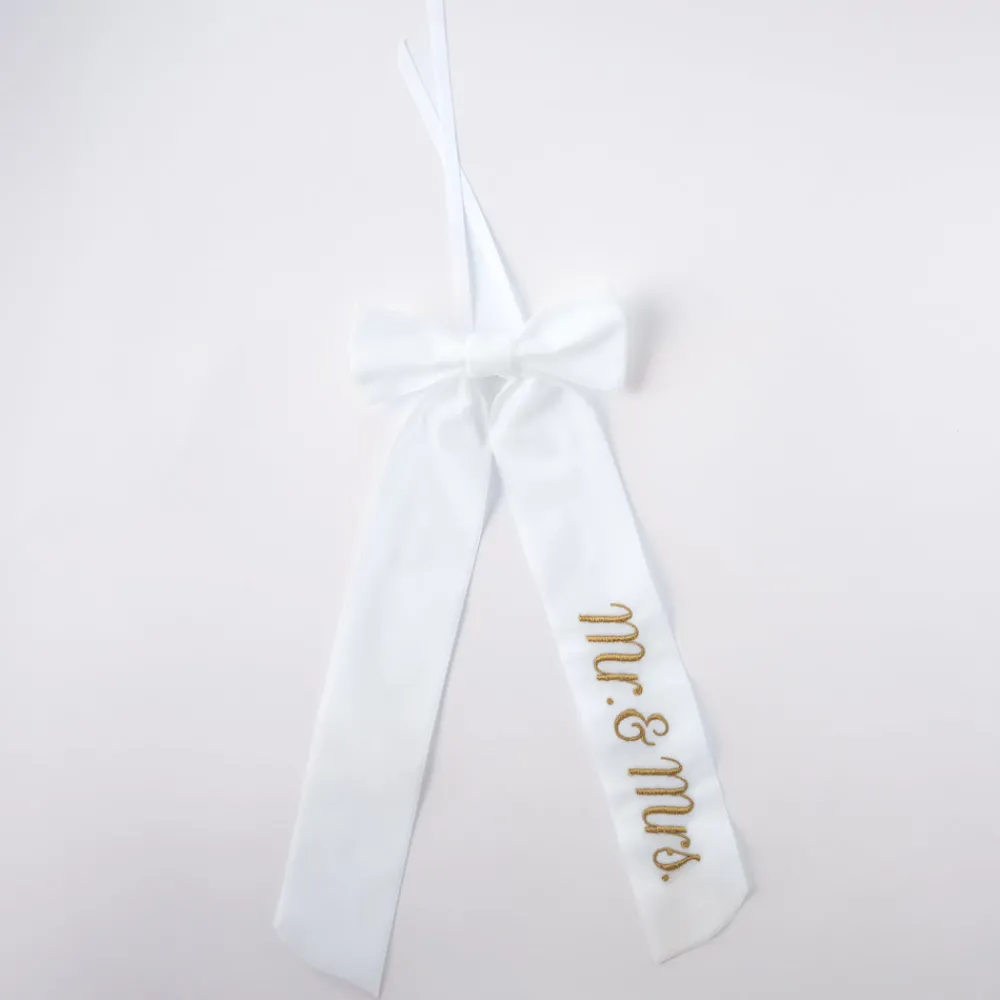 No Reservations Place Settings & Linens|Wine Bow “Mr. & Mrs.” in White with Gold